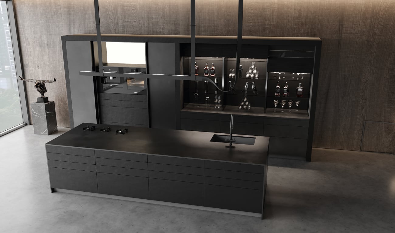 BT45 XS Luxusküche, hochwertige Designer Küche, Qualitätsküche mit beleuchtetes Regal, fein marmorierte - schwarze Lederoberfläche
