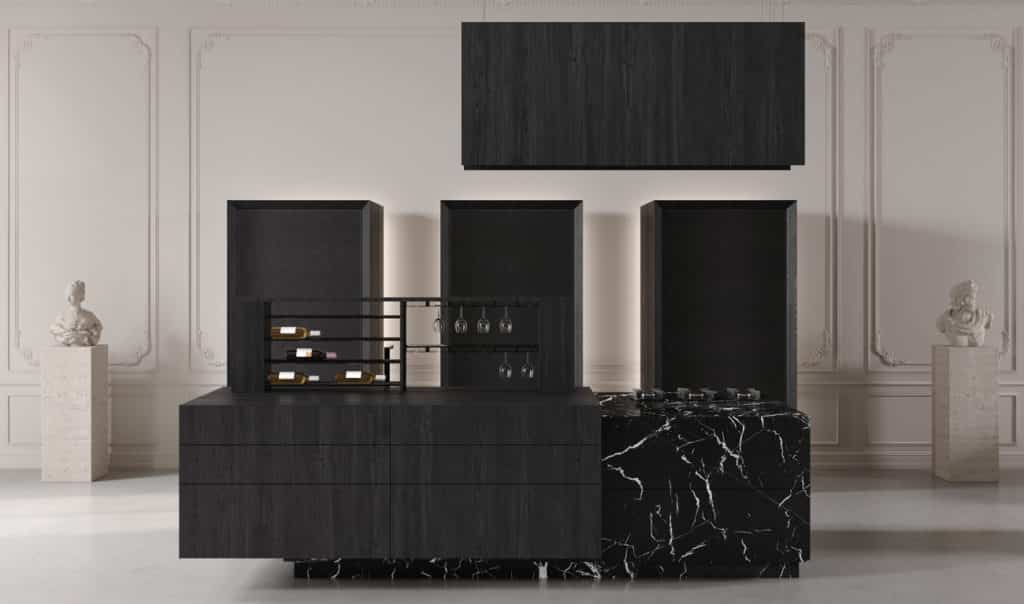 BT45 THE K Luxusküche, hochwertige Designer Küche, maßgeschneiderte und stilvolle Qualitätsküche mit Kücheninsel aus Nero Marquina Marmor und einem dunklen Holzblock