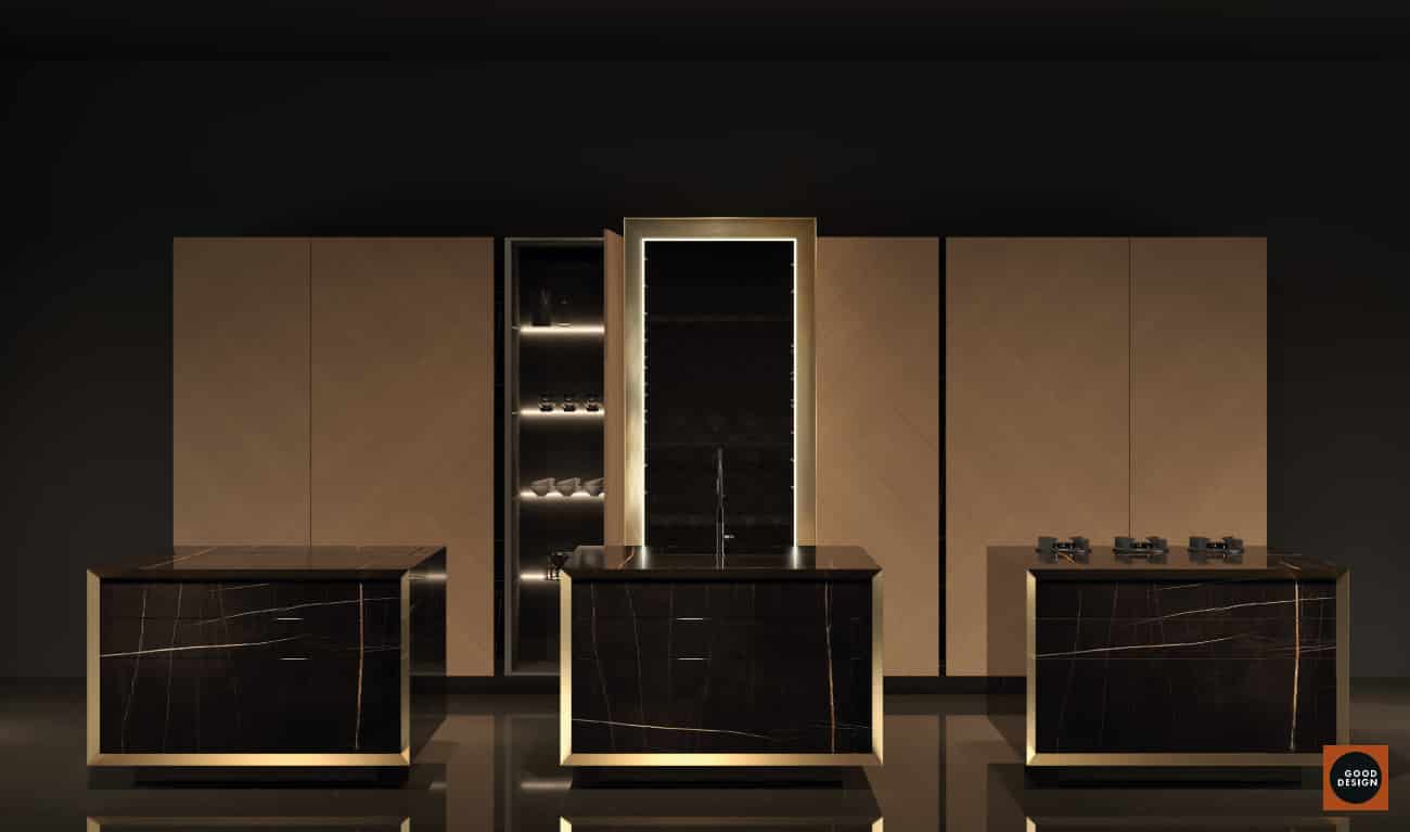 BT45 MI45 hochwertige Designer Küche, James Bond Küche MI5 - Luxusküche mit afrikanischen Saint Laurent Marmorblöcken mit echten Messing-Gehrungskanten