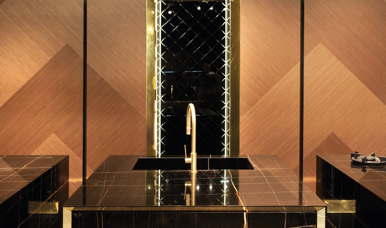 BT45 MI45 high quality designer kitchen, James Bond kitchen MI5 - luxury kitchen with African Saint Laurent marble blocks with real brass mitered edges