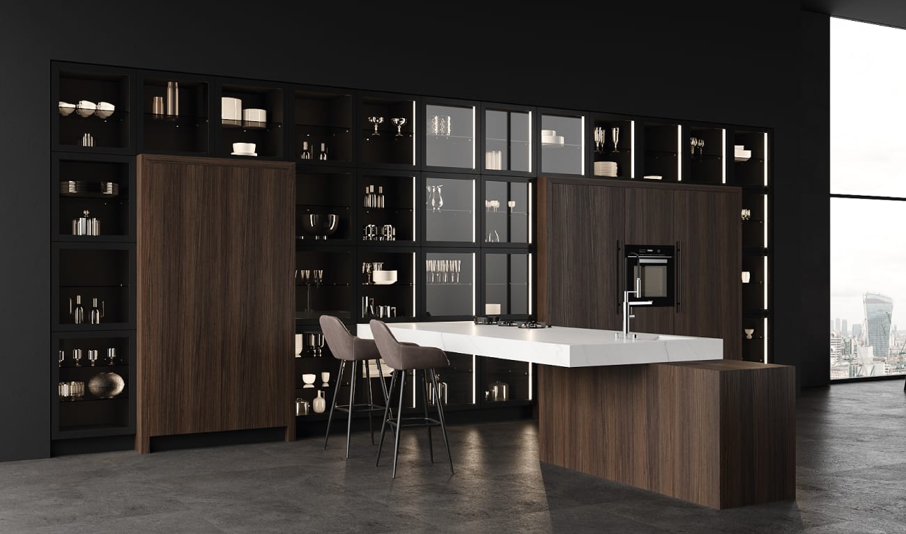 BT45 G+ luxury kitchen, high quality designer kitchen, quality kitchen with elegant grain of Smoked Eucalyptus