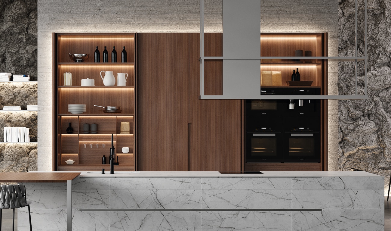 BT45 PH high quality and prestigious designer kitchen, luxury kitchen, quality kitchen made of premium American walnut wood and Carrara marble
