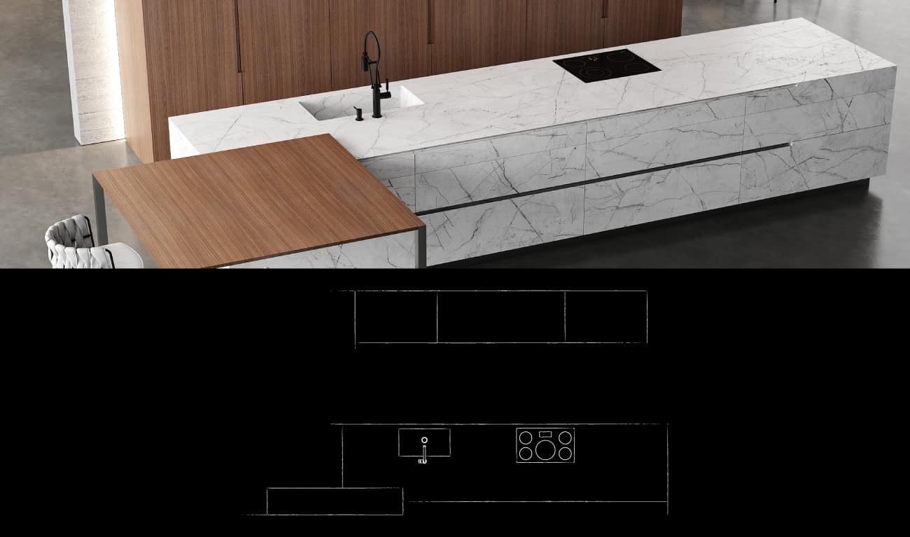 BT45 PH high quality designer kitchen, representative luxury kitchen, quality kitchen, kitchen island with 45 degrees edges of Carrara marble