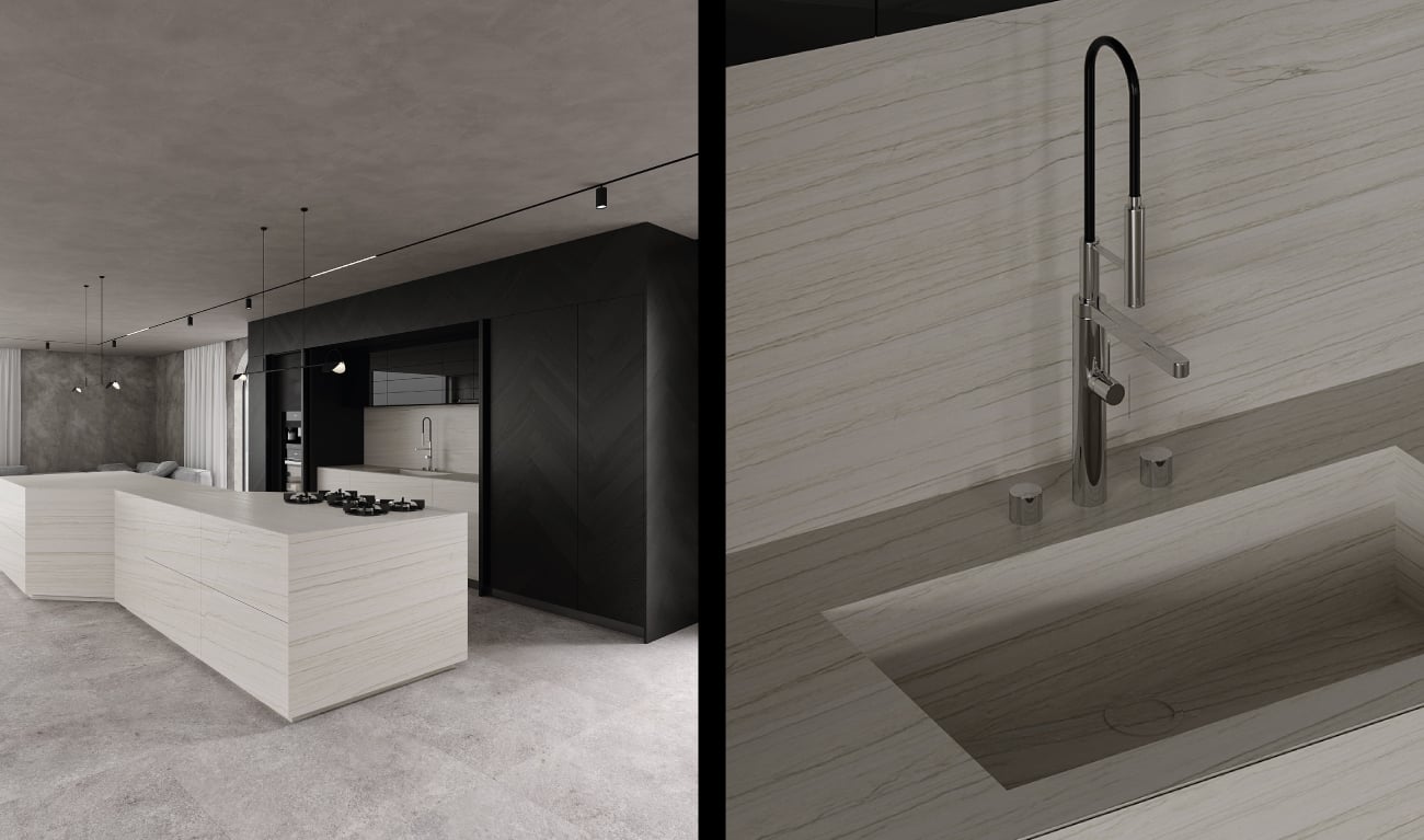 BT45 A8 luxury kitchen, tailor made eight shaped kitchen island in white macaubas stone / quartzite