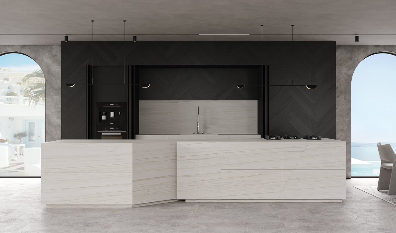 BT45 A8 hochwertige Designer Küche, maßgeschneiderte achtförmige Kücheninsel aus weißem Macaubas Stein / Quarzit