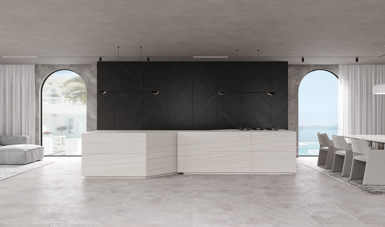 BT45 A8 hochwertige Designer Küche, maßgeschneidertes schwarz-mattes Eichenholz / Eichenmöbel mit Fischgrätenmuster