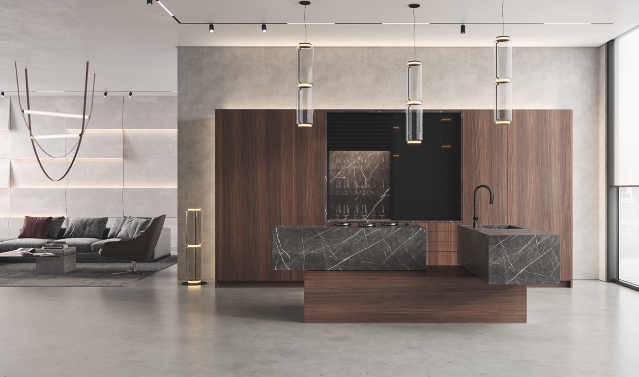 BT45 THE ALIBI luxury kitchen tailor made with dark eucalyptus wood and luxury polished pietra gris marble