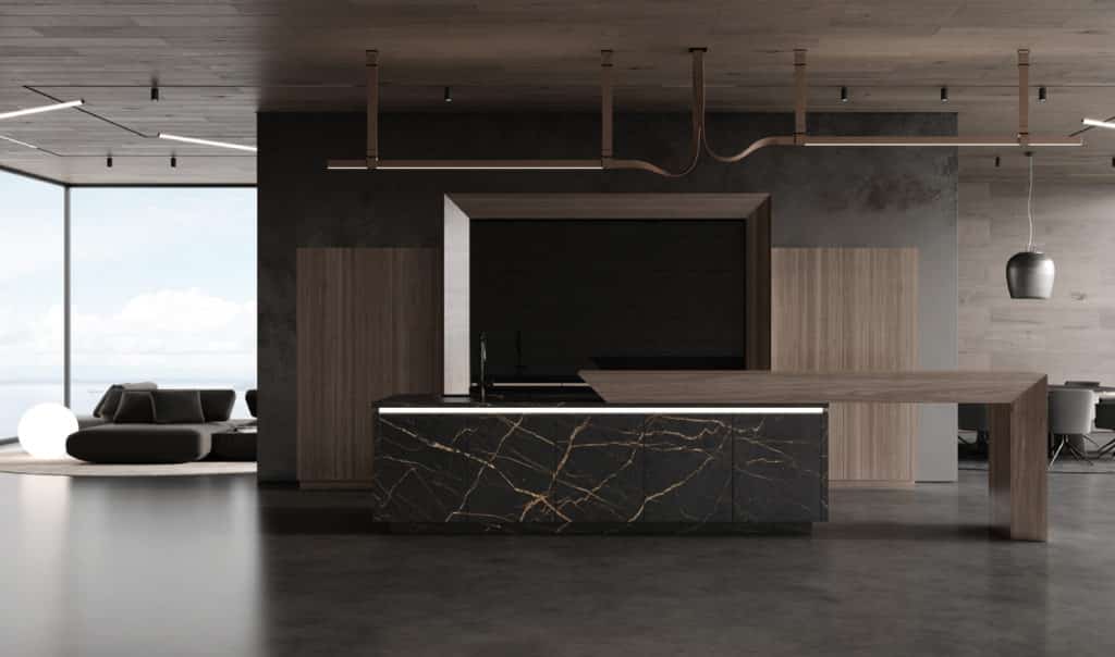 BT45 AK45 luxury kitchen with Russian soul, tailor made kitchen, American walnut wood and Dekton Laurent natural stone and black Fenix