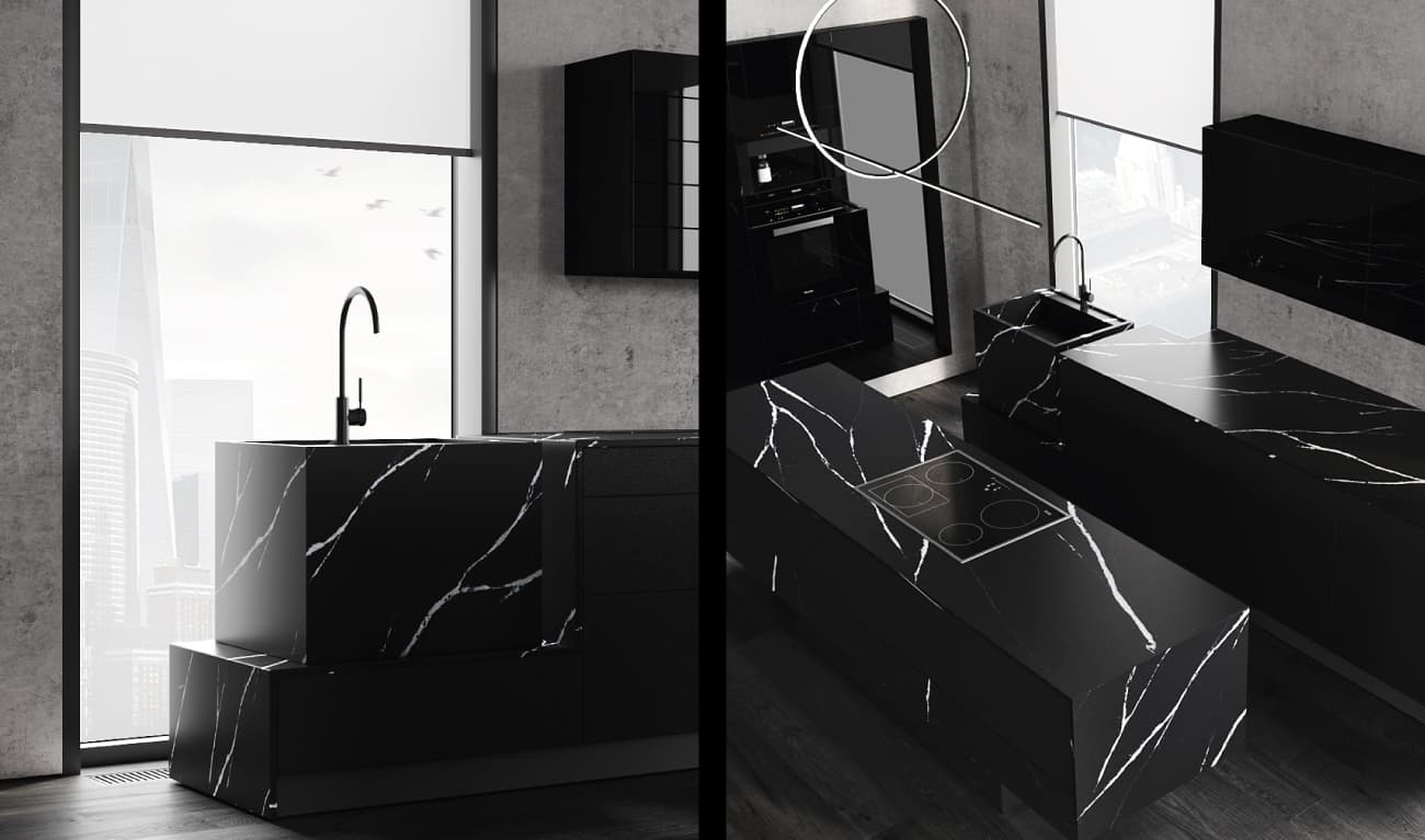BT45 MI8 quality kitchen, high quality designer kitchen, luxury kitchen, freestanding large stone sink is made of Nero Marquina Silestone