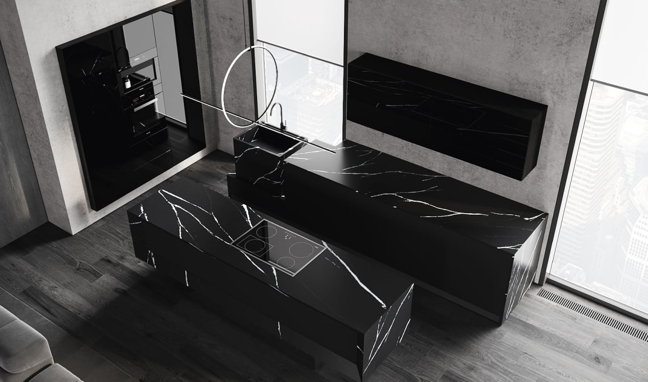 BT45 MI8 Luxusküche maßgeschneiderter seidenmatter schwarzer Nero Marquina Silestone mit weißen Adern, Qualitätsküche, hochwertige Designer Küche